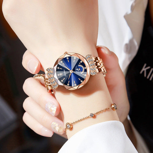 📢📢50 % RABATT !! ⏰Modische Damenuhr mit synthetischem Diamant und Mond, Sternmuster