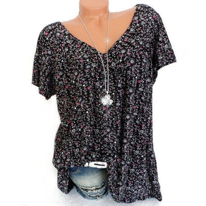 👚 50% RABATT! 🌸 Damen Kurzarmbluse mit Frühlingsblumenprint – V-Ausschnitt, Atmungsaktiv & Knitterfrei 🌿