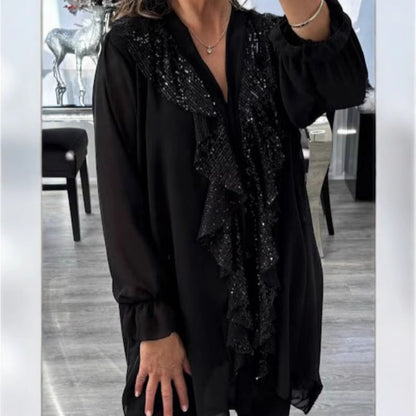 🔥 60% RABATT! 💃 Damen Chiffon-Shirt mit V-Ausschnitt – Langärmlig, Paillettenbesetzt & Elegant für Abendoutfits ✨👚📦
