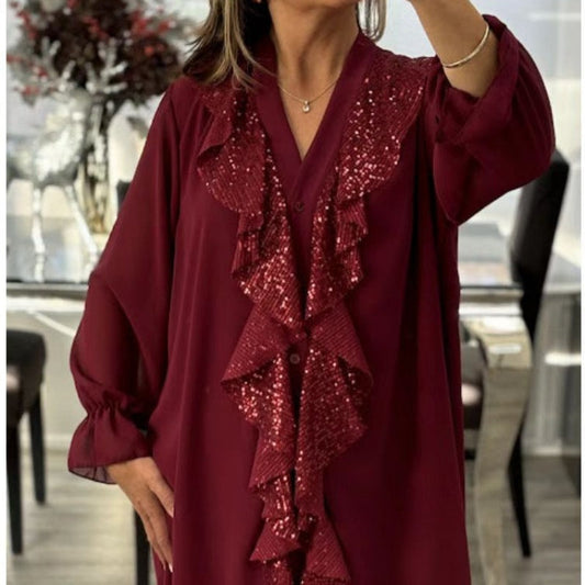 🔥 60% RABATT! 💃 Damen Chiffon-Shirt mit V-Ausschnitt – Langärmlig, Paillettenbesetzt & Elegant für Abendoutfits ✨👚📦