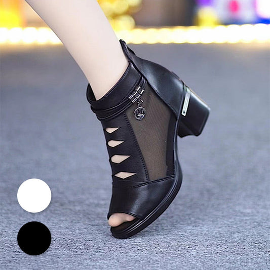 📢📢50% RABATT !!⏰Weiches Leder Damen Stiefeletten mit Netzstoff-Einsatz, Sandalen mit praktischem mittlerem Absatz für jeden Tag