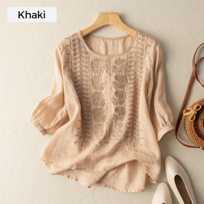 👚40% RABATT! 🌿 Damen Dünnes Stickerei-Shirt aus Atmungsaktiver Baumwolle & Leinen – Leicht & Luftig – Perfekt für Sommer & Urlaub – Kurzarm & Rundhals ✨