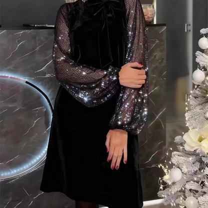 Damen Paillettenkleid mit Schleife am Kragen