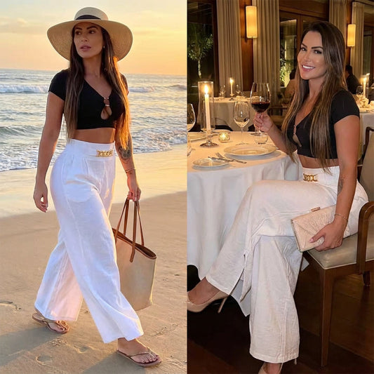 📢📢60% Rabatt!! ⏰Damen-Hose – Hoher Bund, Weites Bein, Mit Gürtelakzent & Vielseitiger Look ✨