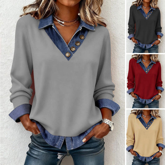 📢📢60 % Rabatt!! ⏰Damen-Oberteil aus Patchwork-Denim mit Kragen, 2-teilig, aus Kunstleder