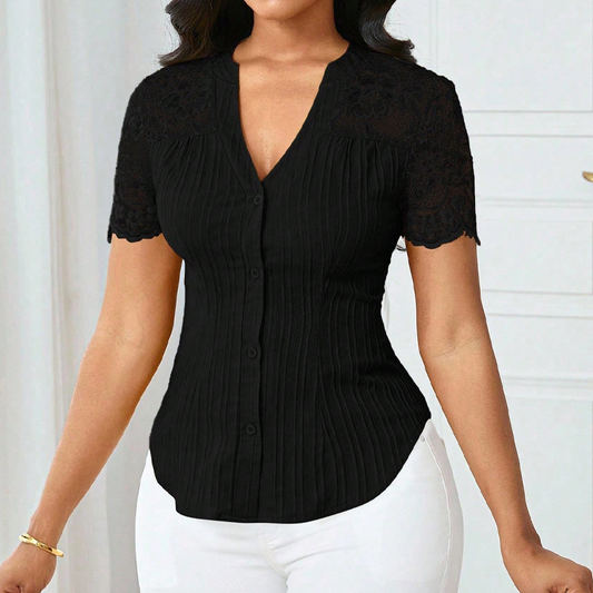 📢📢50 % Rabatt!! ⏰Blouse d'été à col en V, manches en dentelle et boutons pour femme
