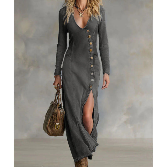 📢📢50% RABATT! ⏰ Langärmliges Maxikleid mit V-Ausschnitt für Damen – Elegant und bequem für jeden Anlass ✨🌸