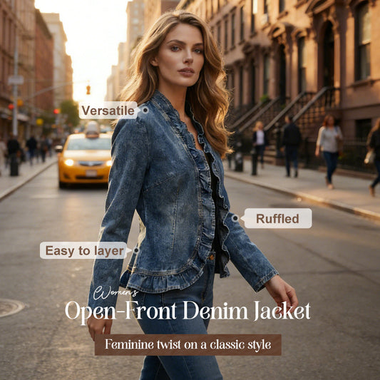📢📢40 % RABATT !! ⏰Damen-Jeansjacke mit Rüschenbesatz und offenem Vorderteil – Leicht und feminin – Vielseitig und schick