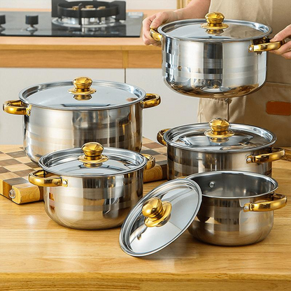 📢📢 -60% AUF 5-TEILIGES KOCHSET! 💎 Robuster Edelstahl, Glasdeckel & Elegante Gold-Akzente