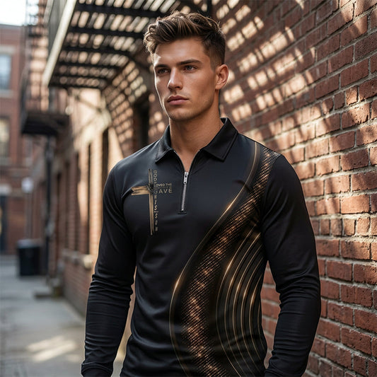 Men's Casual Retro Long Sleeve Zip-Up Polo Shirt