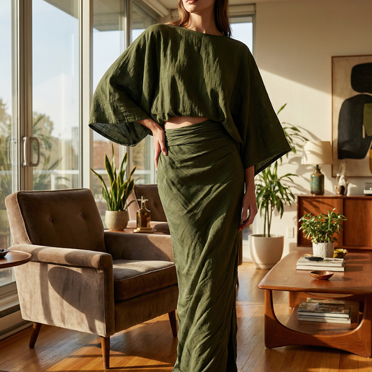 Elegant Batwing Sleeve Top & Ruched Skirt Set