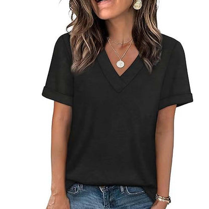 Damen V-Ausschnitt Kurzarm Freizeit-T-Shirt