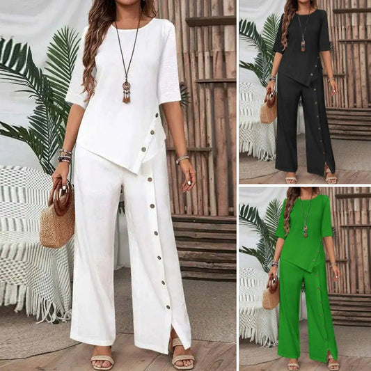 📢📢50 % Rabatt!! ⏰Zweiteiliges Damen-Set aus Top mit asymmetrischem Saum und Hose mit weitem Bein