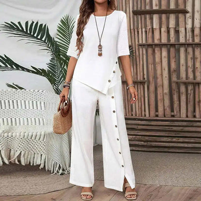 📢📢50 % Rabatt!! ⏰Zweiteiliges Damen-Set aus Top mit asymmetrischem Saum und Hose mit weitem Bein