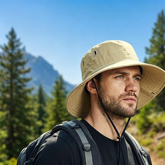 Outdoor-Sonnenhut mit breiter Krempe und Kinnriemen