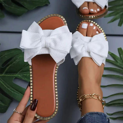 👡 Damen Schleifen-Sandalen | Bequeme Flach-Sandalen mit Strassrand für Sommer & Urlaub
