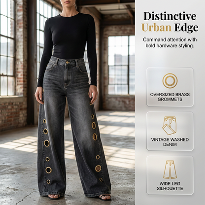 📢📢40% RABATT !!⏰ Damen Weite-Bein-Jeans mit Ösen – Hochsitzende Passform, streckende weite Beine & silberfarbene Ösenakzente. Ein vintage-inspiriertes Grundstück mit moderner Haltung 🌿