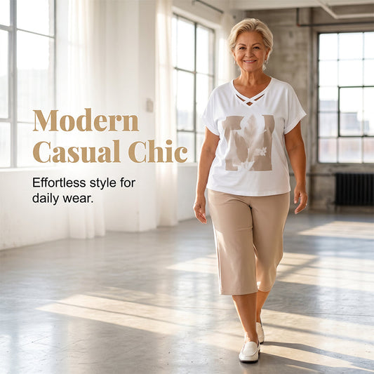 📢📢40% RABATT !!⏰Damen 2-teiliges Casual-Set für reifere Frauen – Kreuz-V-Ausschnitt Print-Shirt + 7/8 Cropped-Hose, weicher atmungsaktiver Stoff für Alltag, Yoga & Freizeit