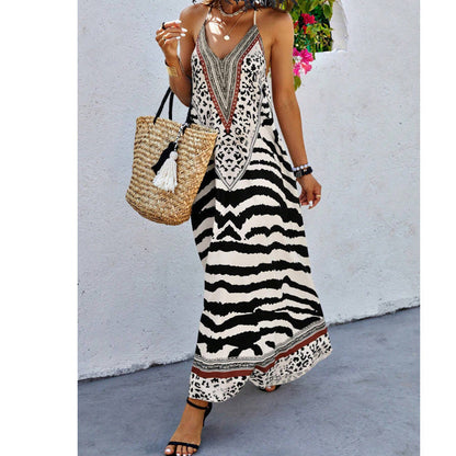 Women's Animal Print Backless Halter Maxi Dress