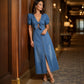 Women's Tie Front V-Neck Denim Maxi Dress