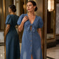Women's Tie Front V-Neck Denim Maxi Dress