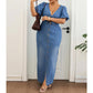 Women's Tie Front V-Neck Denim Maxi Dress