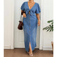 Women's Tie Front V-Neck Denim Maxi Dress