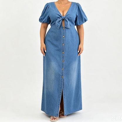 Women's Tie Front V-Neck Denim Maxi Dress