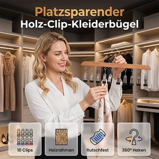 Holzbügel mit mehreren Clips für die Kleiderschrankorganisation