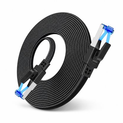 📢📢50% RABATT !!⏰Flaches Cat8-Ethernet-Kabel 40 Gbit/s, abgeschirmt, schwarz geflochtenes Netzwerkkabel aus sauerstofffreiem Kupfer mit blauen Steckverbindern
