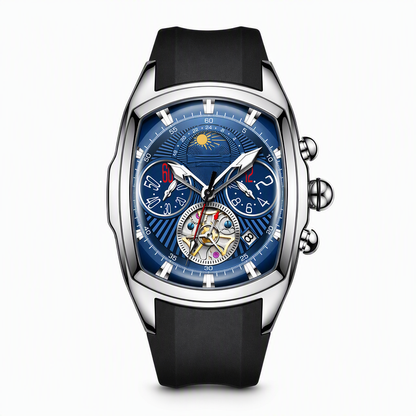 📢📢40% RABATT !!⏰Herren Quarz-Chronograph im Tonneau-Design mit skelettiertem Schwungrad-Zifferblatt, Mondphasenkalender und Silikonarmband