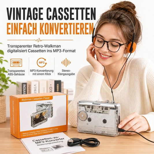 📢📢40% RABATT !!⏰ Transparenter Kassettenplayer – Kassetten-zu-MP3-Konverter, Type-C & Hi-Fi-Stereo – Nostalgie trifft auf moderne Technik 🎵