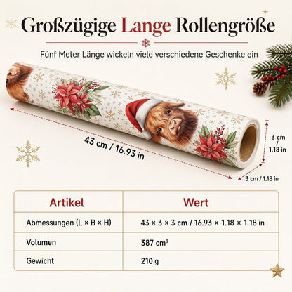 🎄 Nur für kurze Zeit 50% Rabatt! 🐄 Weihnachtliche Geschenkpapierrolle mit schottischem Hochland-Rind und Blumenmotiv – doppelseitig, dick, große Rolle ✨