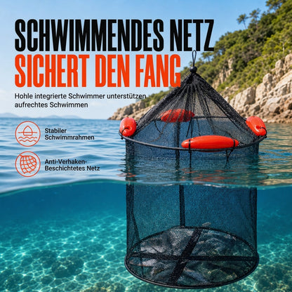 📢📢50% RABATT !!⏰Schwimmendes klappbares Fischkorb mit Schwimmkugeln, beschichtetes hakenfestes Fischfangnetz-Tasche für Meeresangeln